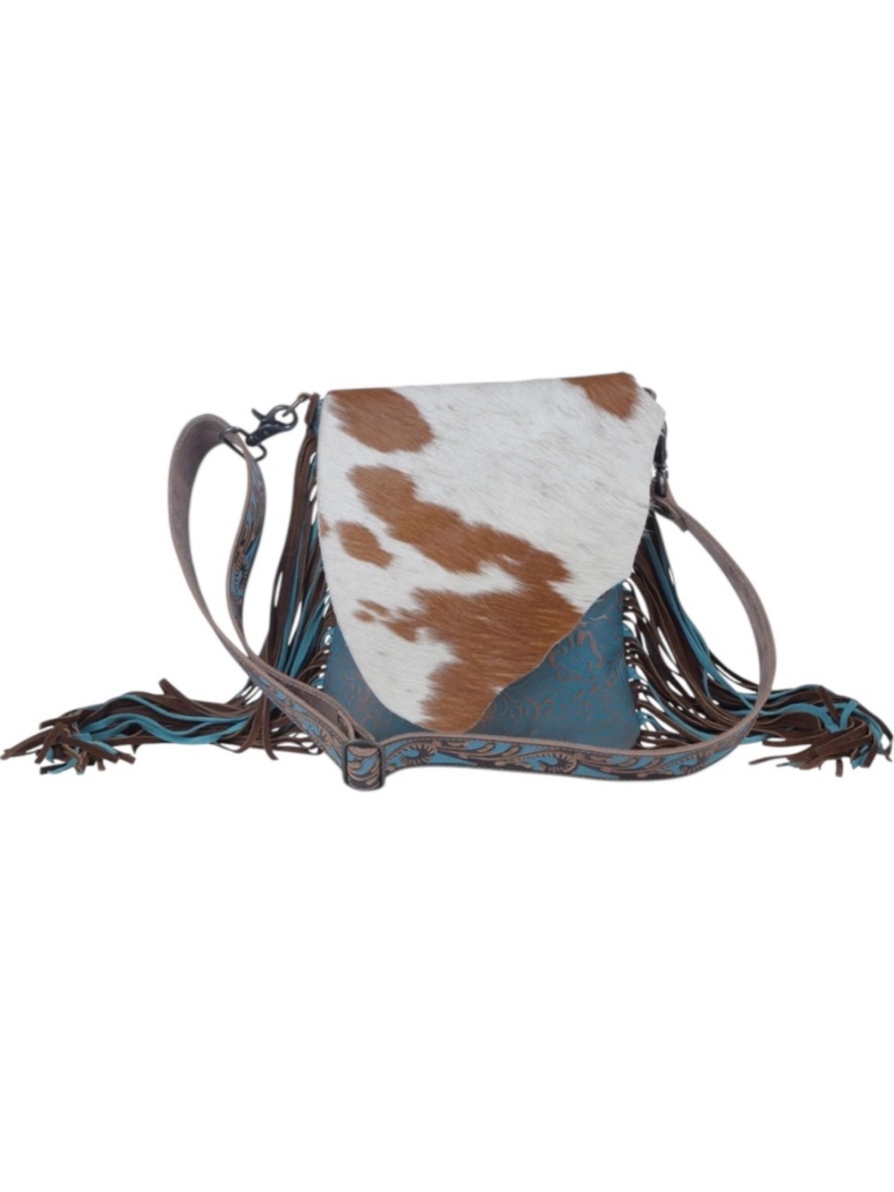 Myra Bag Cowhide Leather Fringe Crossbody Western Boho Turquoise Bag